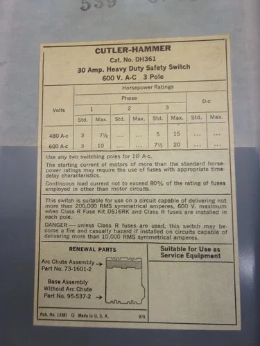 Cutler-Hammer DH361 Heavy Duty Safety Switch, 30A, 600V, 3 Pole, Fusible, NEMA 1 — product image 2 of 7