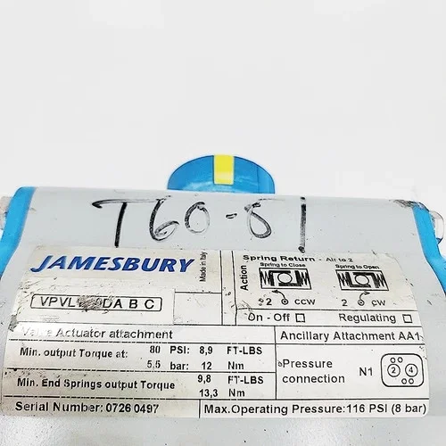 Jamesbury 1" Class 150 Ball Valve 7150313600XTZ2 with VPVL100 DA B C Pneumatic Actuator — product image 5 of 5