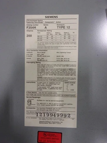 Siemens F354H Heavy Duty Safety Switch, 200A, 240V, 3-Pole, Fusible, NEMA 12 — product image 6 of 8