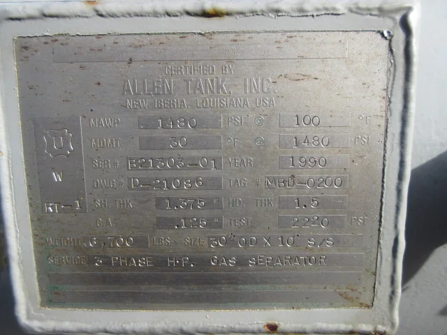 Allen Tank B21303-001 30" x 10' Horizontal 3-Phase Gas Separator — product image 2 of 10