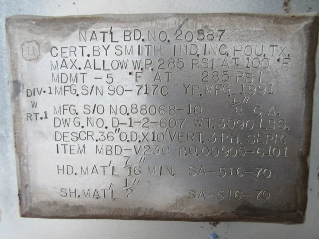 Smith Industries Vertical 3-Phase Separator, 36" OD x 10', Model MBD-V230 — product image 4 of 5