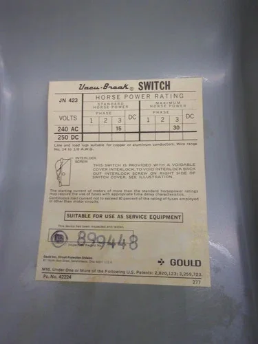 Gould ITE Vacu-Break JN423 Fusible Safety Switch, 3P, 100A, 240V, NEMA 1 — product image 3 of 9