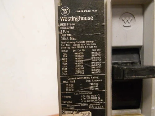 Westinghouse HKB3250F Molded Case Circuit Breaker, 250A Frame, 600V, 3-Pole with HKB3150T 150A Trip Unit — product image 2 of 5