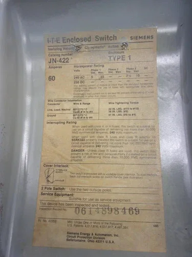 ITE JF422 Fusible Safety Switch, 3-Pole, 60A, 240V, NEMA 1 — product image 3 of 9