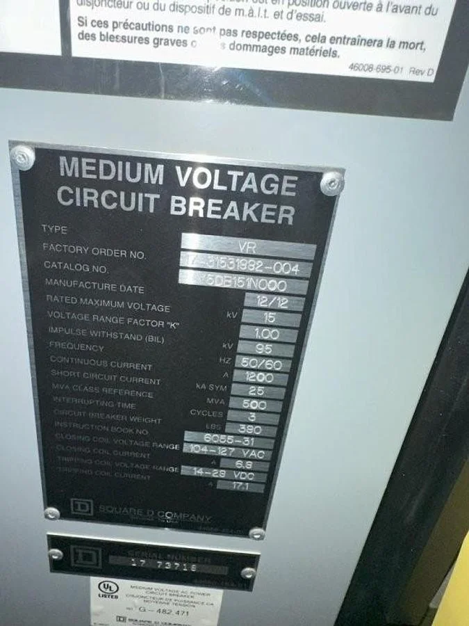 Square D HVL/cc 15kV Load Current Interrupter Switchgear Lineup for 28MVA Power Generation — product image 3 of 5