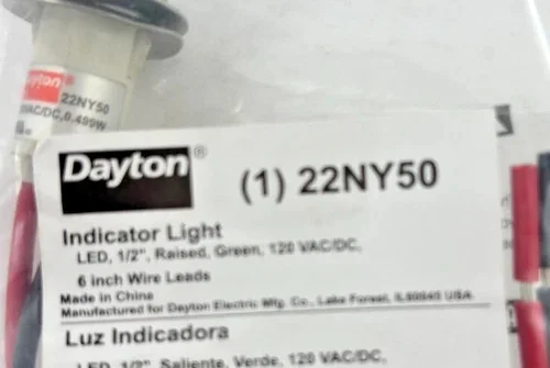 Dayton 22NY50 LED Indicator Light, Green, 120VAC/DC, 1/2" Raised, 6" Wire Leads — primary product image