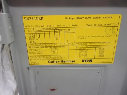 Cutler Hammer DH361URK Heavy Duty Safety Switch 30A 600V 3-Pole Non-Fusible NEMA 3R — product image 6 of 9