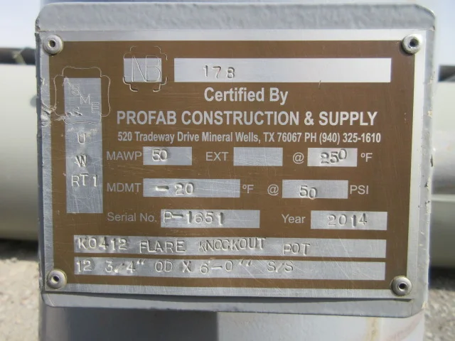 Profab KO412 Flare Knockout Pot, 12 3/4" OD x 6'-0" S/S — product image 9 of 10