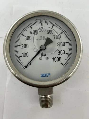 WIKA Type 233.53 4" Liquid-Filled Industrial Pressure Gauge, 0-1000 psi, 1/2" NPT Lower Mount — primary product image