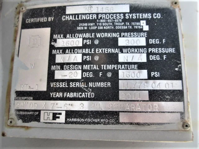 Challenger Process Systems 24" OD x 7'6" 1600 PSI 3-Phase Separator — product image 9 of 10