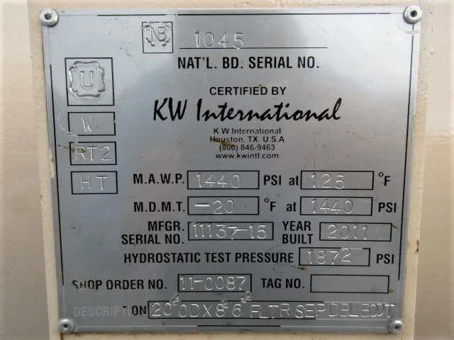 KW International 20" OD x 8'6" Horizontal Filter Separator — product image 7 of 13