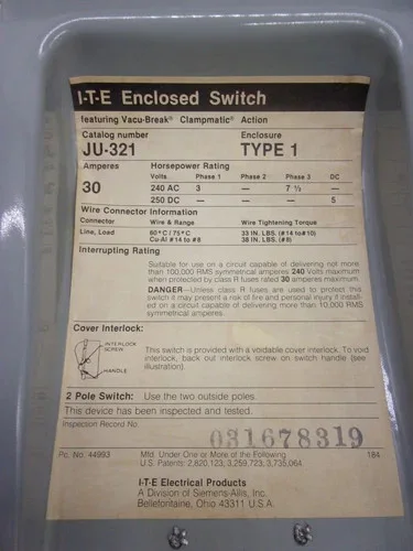 ITE JU321 Heavy Duty Safety Switch, 30A, 240V, 3 Pole, Non-Fusible, NEMA 1 — product image 3 of 8