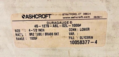 Ashcroft Duragauge Pressure Gauge 45-1279-ABL-02L-1000# 4-1/2 Inch Dial, 0-1000 PSI — product image 4 of 4
