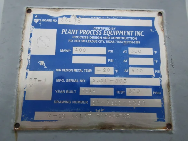 Plant Process Equipment Horizontal Three-Phase Inlet Separator 54" ID x 20' 400 PSI — product image 7 of 10