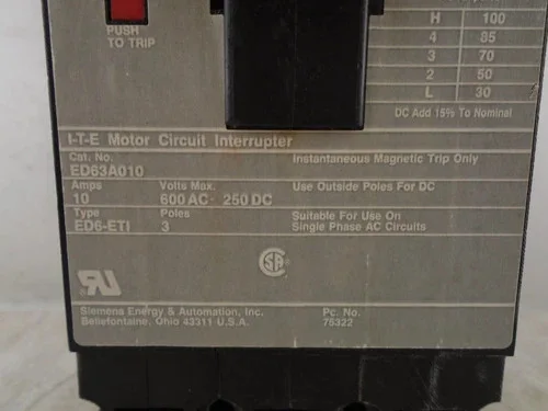 Siemens ITE ED63A010 Type ED6-ETI 3 Pole 10A 600 VAC Motor Circuit Interrupter — product image 2 of 8