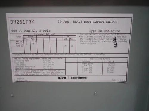 Eaton Cutler-Hammer DH261FRK Heavy Duty Safety Switch 30A 2 Pole Fusible Class H NEMA 3R — product image 6 of 6
