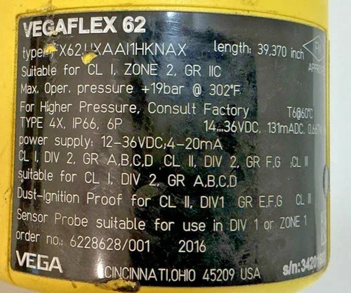 VEGA VEGAFLEX 62 Guided Wave Radar Level Sensor FX62UXAAI1HKNAX — product image 2 of 8