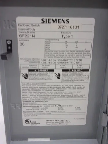 Siemens General Duty Safety Switch GF221N 30A 240V 2P Fusible NEMA 1 — product image 4 of 6