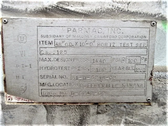 Parmac 48" x 10' Horizontal Test Separator — product image 4 of 10