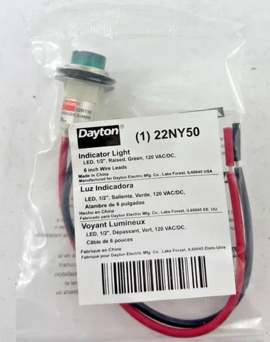 Dayton 22NY50 LED Indicator Light, Green, 120VAC/DC, 1/2" Raised, 6" Wire Leads — product image 2 of 3