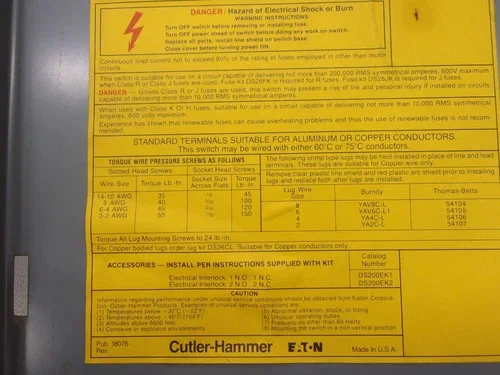 Cutler-Hammer DH362FGK Heavy Duty Safety Switch, 60 Amp, 600V, 3-Pole, Fusible, NEMA 1 — product image 3 of 9