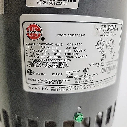 US Motors Polyphase Air Over Motor P63ZZWAD-4219, 2 HP, 1140 RPM — product image 4 of 5