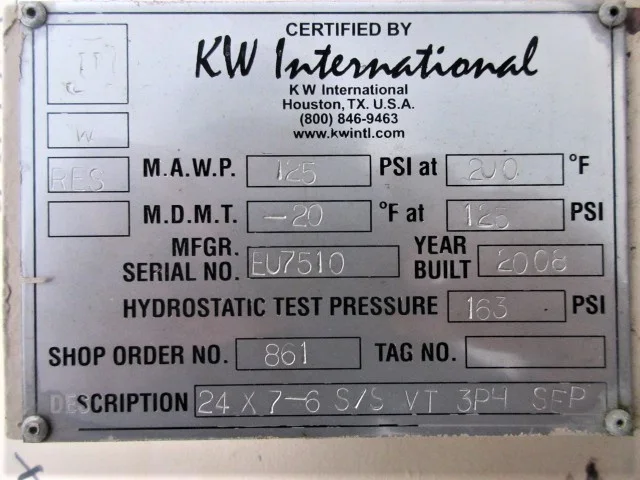 KW International 24" x 7'6" Vertical 3-Phase Separator — product image 6 of 7