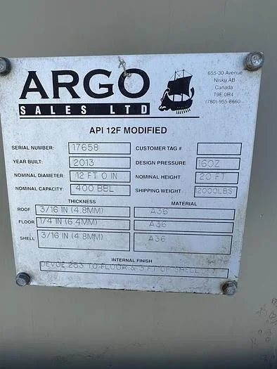 400 BBL Partially Internally Coated Tank — product image 6 of 6