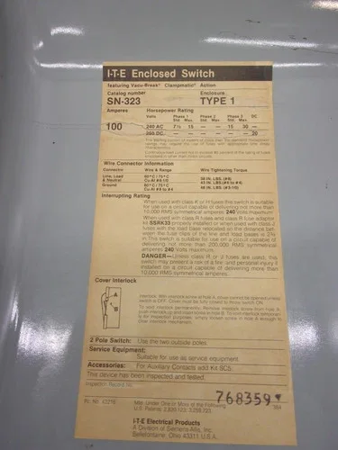 ITE Vacu-Break Heavy Duty Enclosed Safety Switch SN323, 100A 240V Fusible — product image 3 of 9