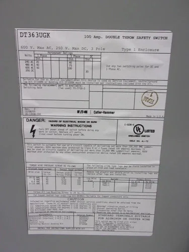 Eaton Cutler-Hammer DT363UGK Heavy Duty Double Throw Safety Switch 100A 600V 3P NEMA 1 — product image 5 of 7
