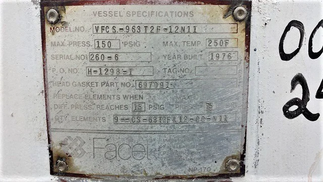 Facet VFCS-963T2F-12N11 Vertical Coalescer Filter Vessel — product image 4 of 8