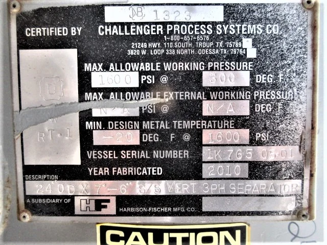 Challenger Process Systems 24" OD x 7'-6" S/S Vertical 3-Phase Separator — product image 9 of 10