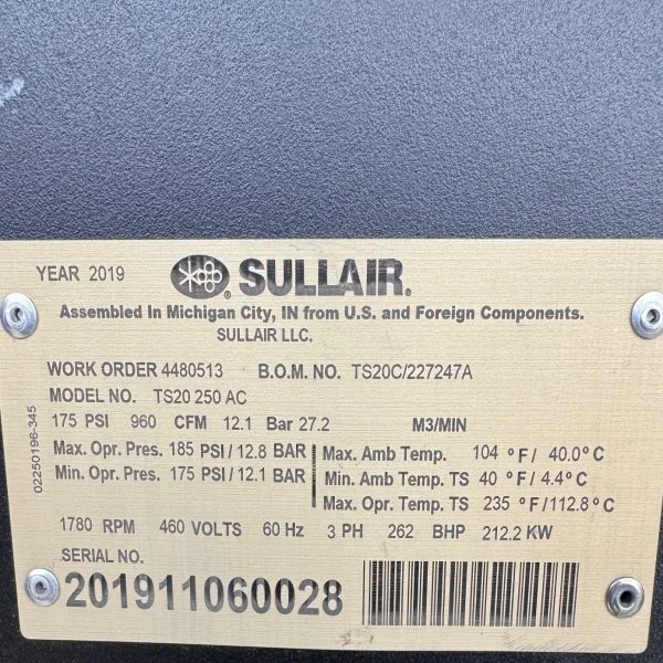 Sullair LS160-100H/A Rotary Screw Air Compressor — product image 2 of 2