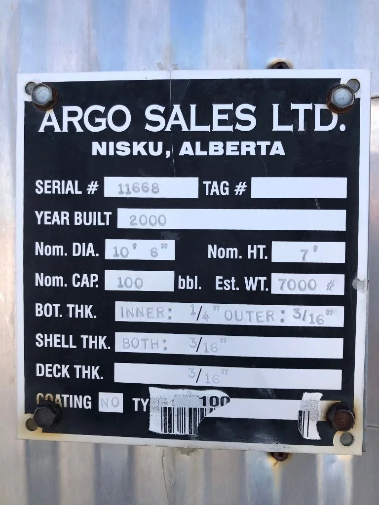 100 BBL Argo Sales Double Wall Storage Tank – 2000 (Ser# 11668) — product image 6 of 6