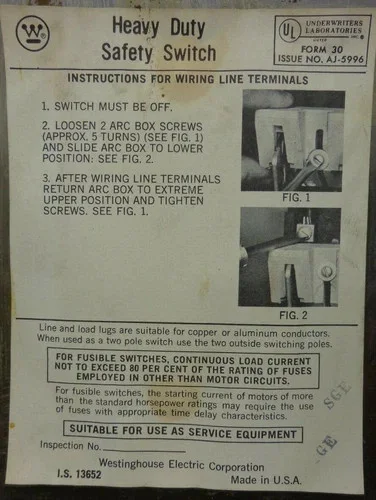 Westinghouse WHF-322 Heavy Duty Safety Switch 60A 3P Fusible 240V NEMA 12 Stainless Steel — product image 5 of 10