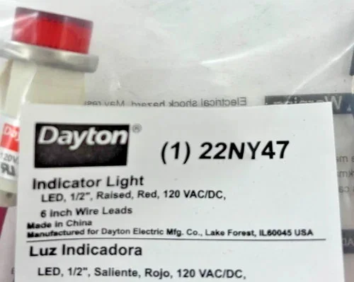 Dayton 22NY47 LED Indicator Light 1/2" Raised Red 120VAC/DC 6 Inch Wire Leads — primary product image