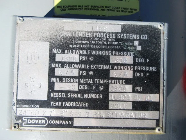 Challenger Process Systems 24" x 7'6" 3-Phase Horizontal Separator NB 1489 — product image 7 of 8