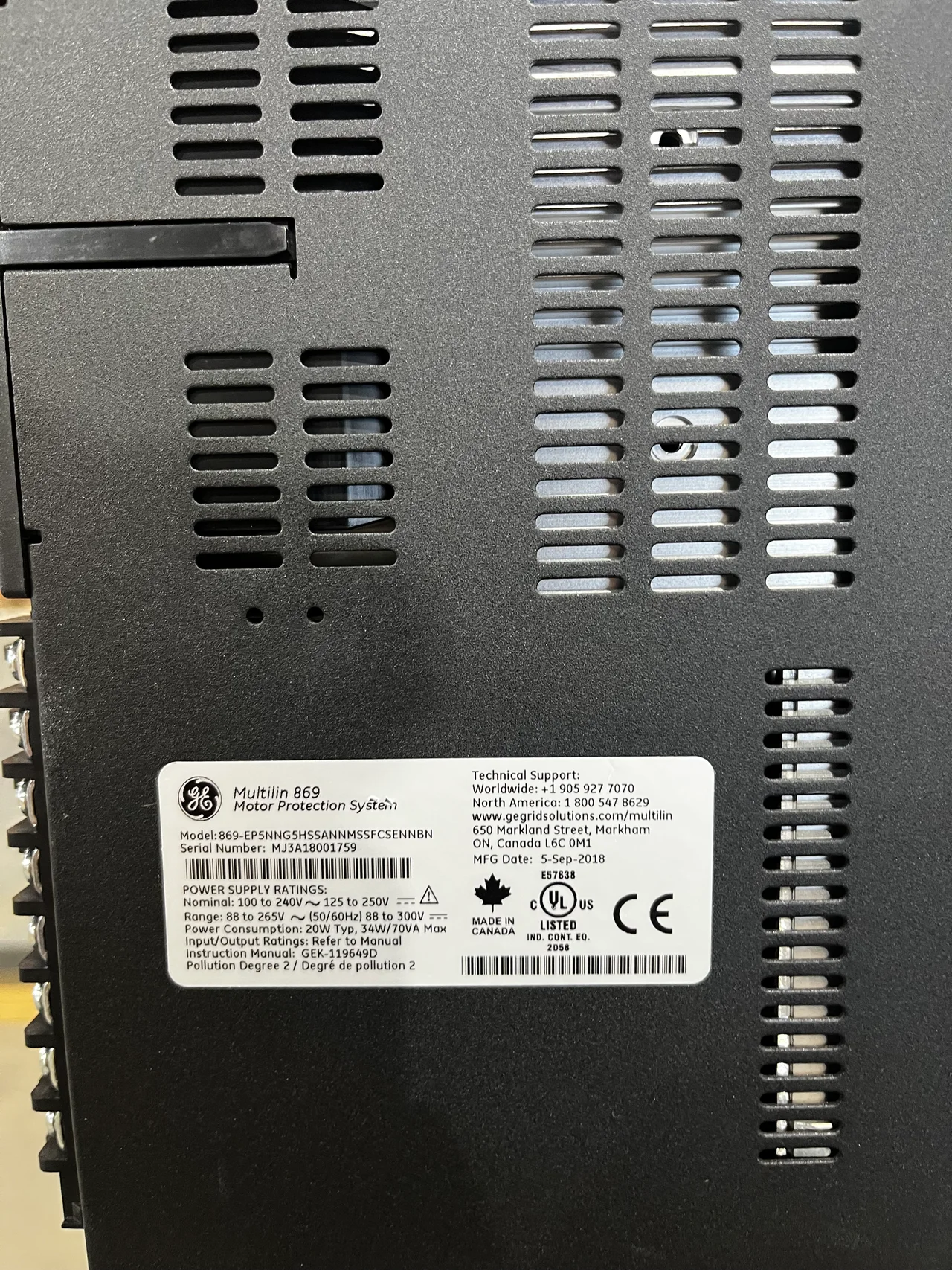 GE Multilin 869 Motor Protection Relay — product image 2 of 2