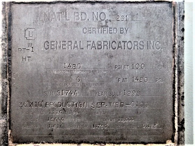 General Fabricators MFD-0100 36x10 Horizontal 3-Phase Production Separator — product image 5 of 10