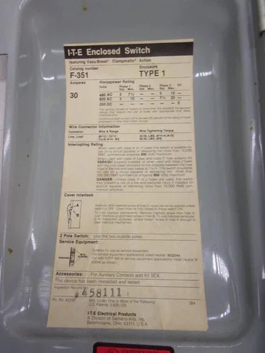 ITE F351 Heavy Duty Fusible Safety Switch, 30A, 600V, 3-Pole, NEMA 1 — product image 3 of 8