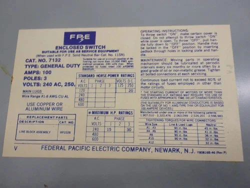 Federal Pacific Electric 7132 Safety Switch, 3P, Non-Fusible, 100A, 240V, NEMA 1 — product image 3 of 9