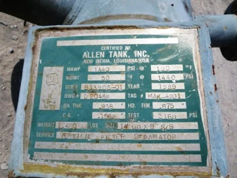 Allen Tank Vertical Filter Separator 14" OD x 9' — product image 5 of 9