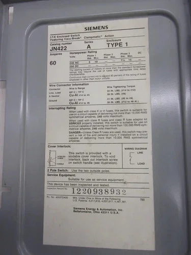 Siemens JN422 Fusible Heavy Duty Safety Switch, 60A, 240V, 3-Pole, NEMA 1 — product image 2 of 8