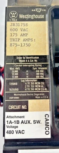 Westinghouse JB3175S 175A 600V 3-Pole Molded Case Circuit Breaker with Shunt Trip — product image 2 of 5