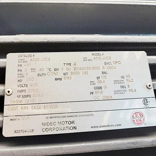 US Motors 6220-J/C3 TEFC 350 HP 3-Phase Electric Motor — product image 2 of 3
