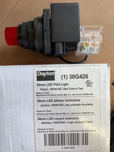 Dayton 30G426 30mm LED Pilot Light Plastic Red Push to Test 120VAC/DC